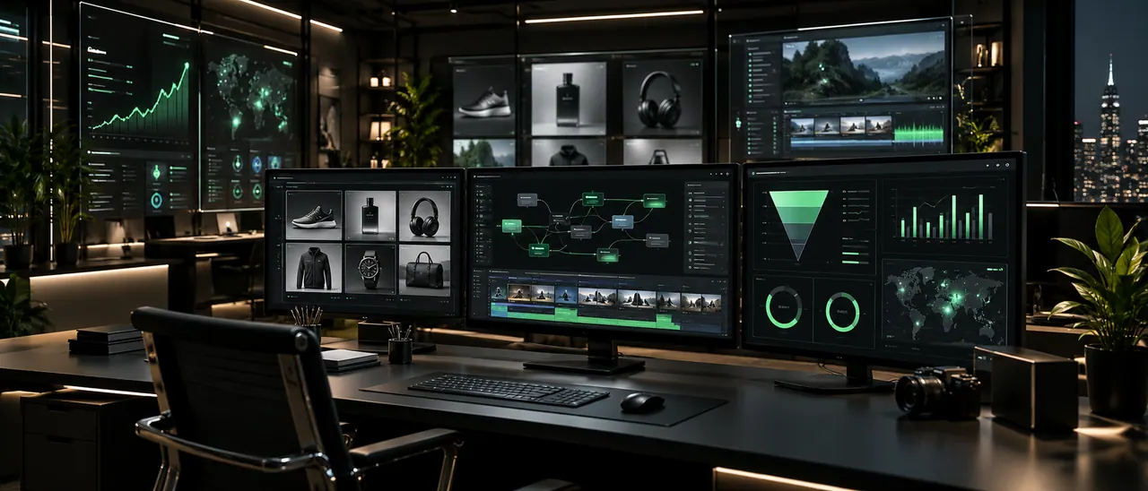 Illustrative digital studio with product content, workflow and analysis screens