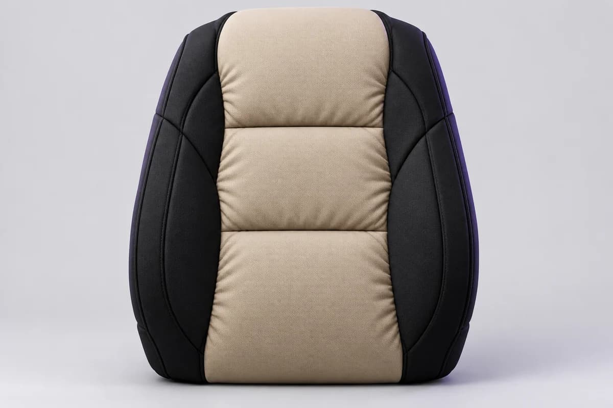 Illustrative black and beige padded car-seat backrest cover on a clean studio background